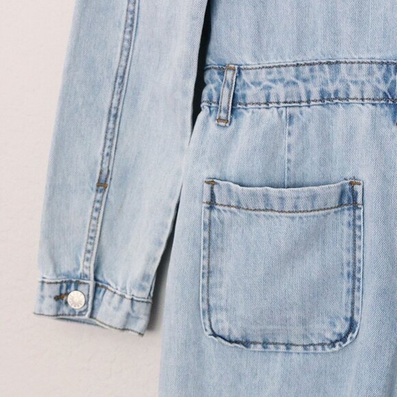 NEW Lov Mor Light Blue Wash Denim Wide Leg Jumpsuit S Cotton Blend High Waist - Picture 7 of 14